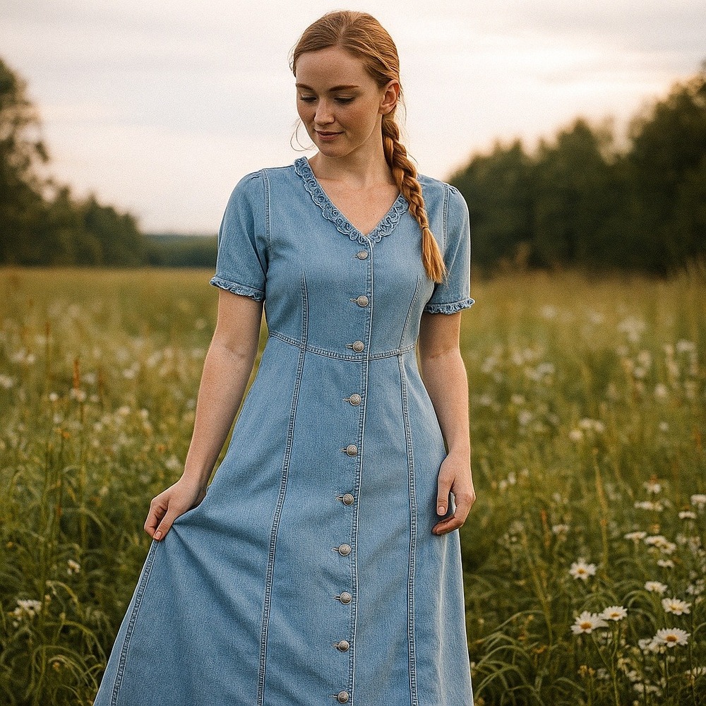 Vintage Monique Fashions Light Wash Denim Button Front Maxi Dress‎ Puff Sleeve